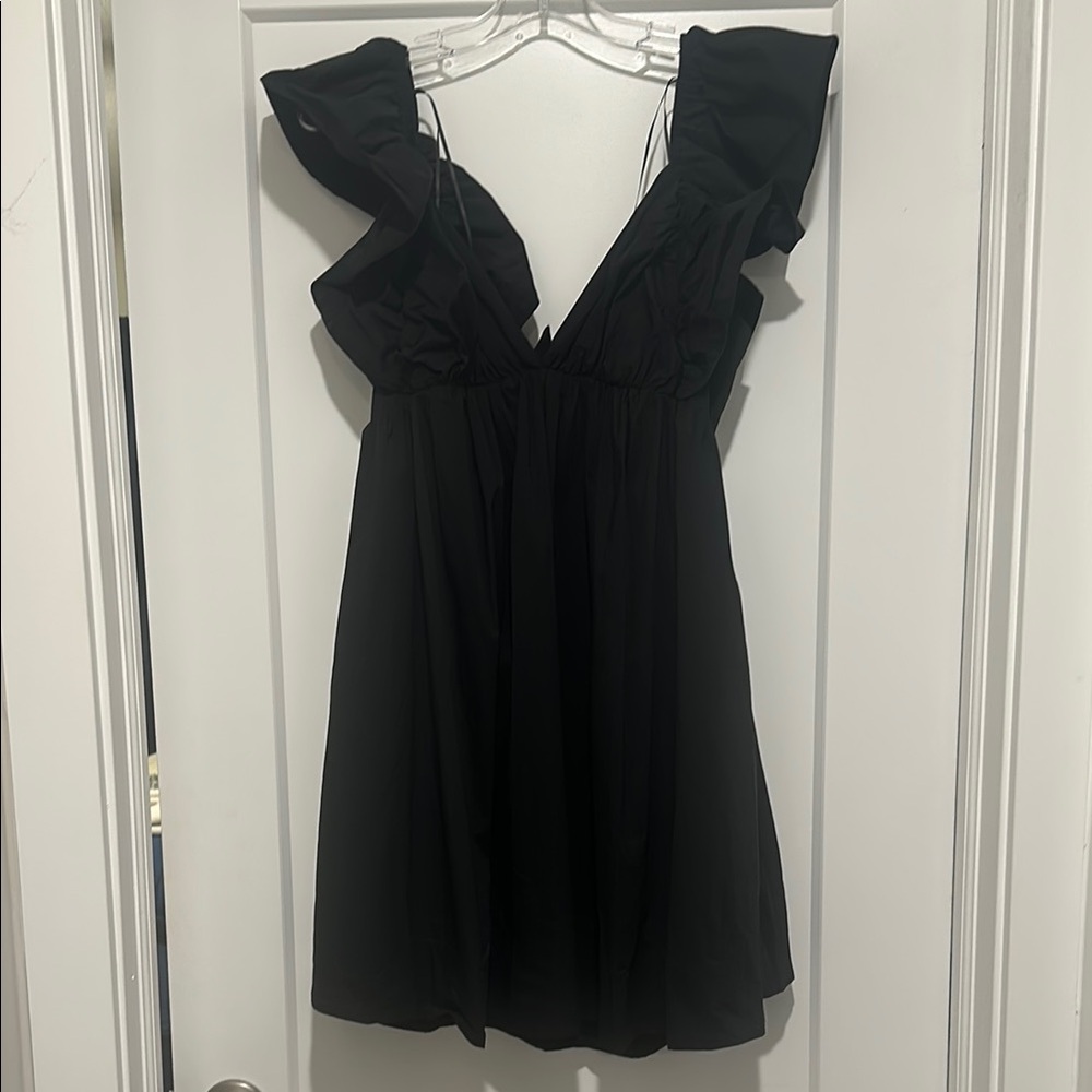 Black Mini Sundress with Plunge Neckline and Flutter Sleeves for Cocktail